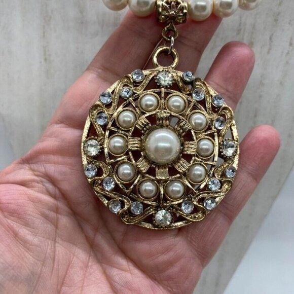 Victorian Set Simulated Pearl Choker 16" Necklace Pierced Earrings Rhinestone - Picture 3 of 16